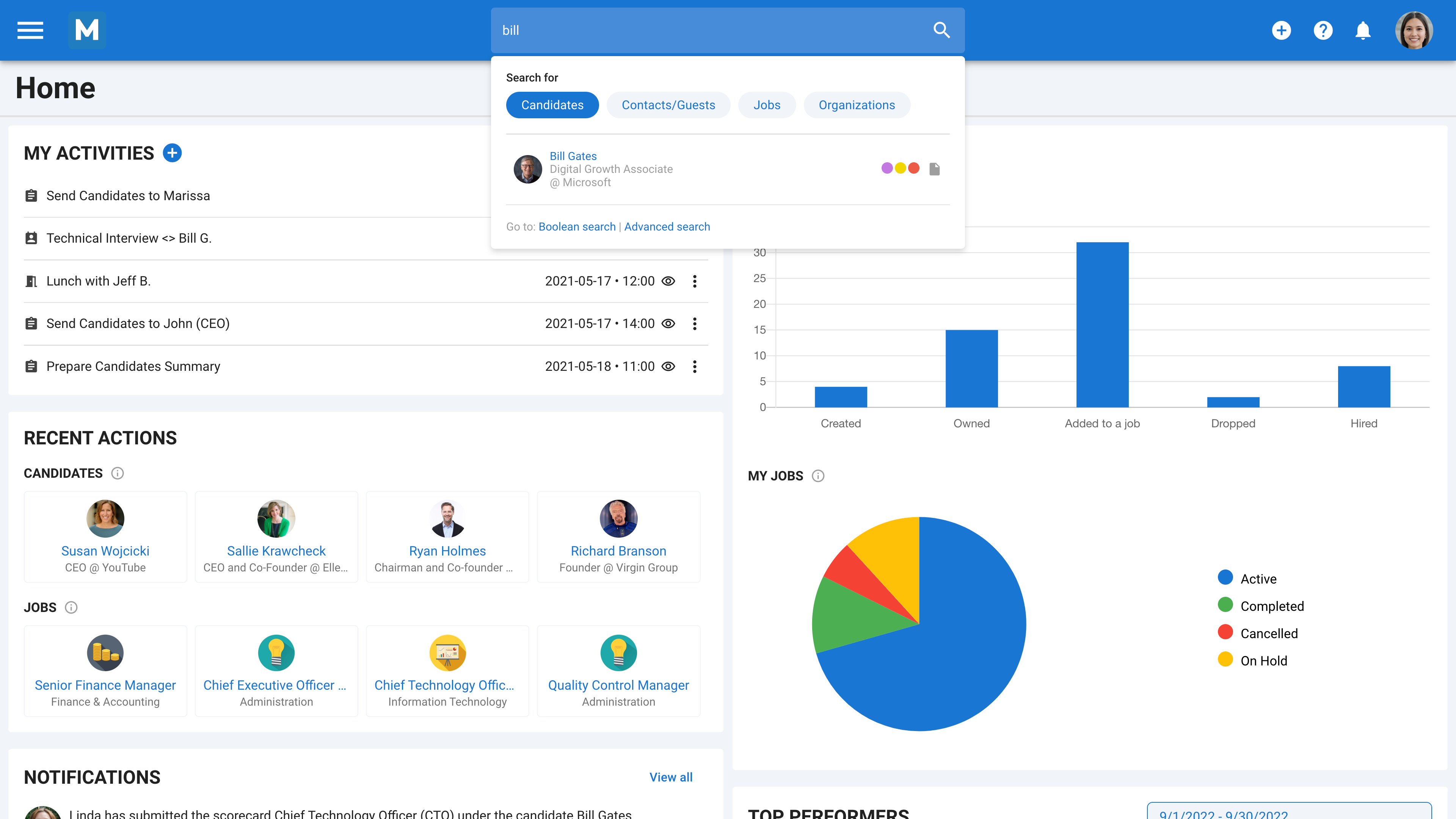 Recruiter dashboard homepage screenshot